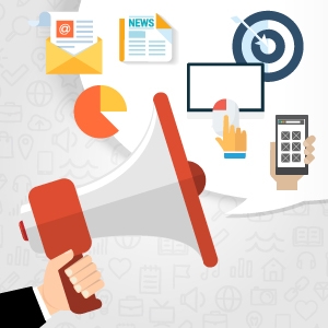 megafone com alvo, telemóvel, gráficos